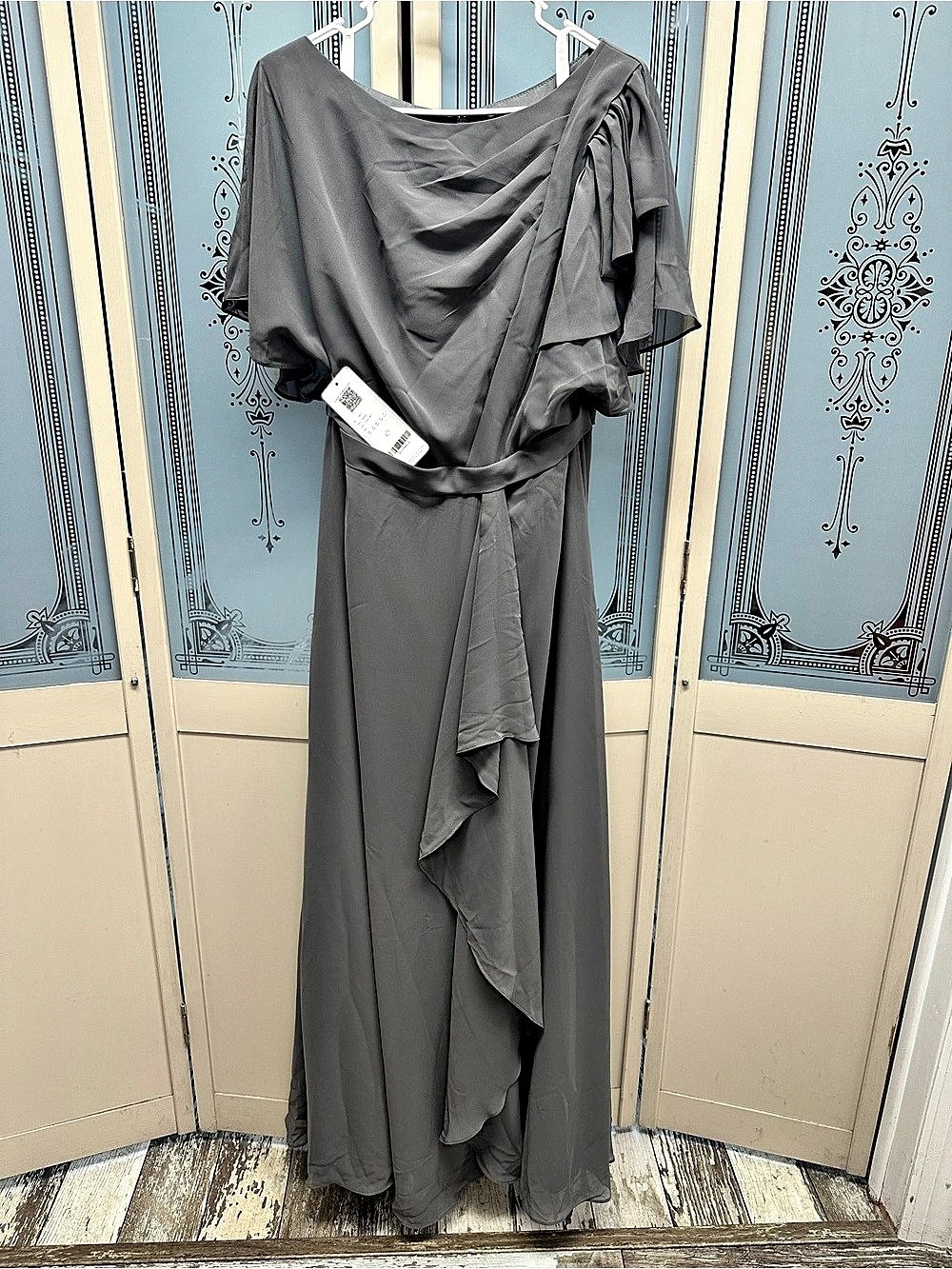 Azazie Brooke Ruched Draped Gray Maxi Dress